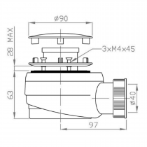 Vaničkový sifón nízky, priemer otvor 60 mm, DN40/50, krytka leštený nerez