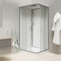 Sprchový box, štvorcový, 80cm, satin ALU, sklo Point, zadne steny biele, SMC vanička, so strieškou