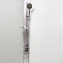 Sprchový box, štvrťkruh, 90cm, satin ALU, sklo Point, zadne steny biele, liatá vanička, bez striešky