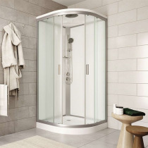 Sprchový box, štvrťkruh, 90cm, satin ALU, sklo Point, zadne steny biele, liatá vanička, so strieškou
