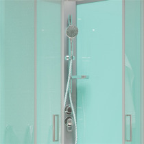 Sprchový box, štvrťkruh, 90cm, satin ALU, sklo Point, zadne steny zelené, liatá vanička,so strieškou