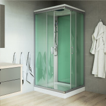 Sprchový box, štvorcový, 90cm, satin ALU, sklo Point, zadne steny zelené,liatá vanička, so strieškou