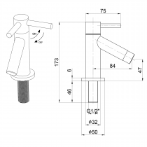 Stojánkový guľový ventil 1/2', 128 mm, chróm