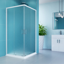 Kora sprchový set: obdĺžnikový kút 90x80 cm, biely ALU, sklo Grape, vanička, sifón
