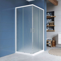 Kora sprchový set: obdĺžnikový kút 90x80 cm, biely ALU, sklo Grape, vanička, sifón