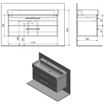 PURA umývadlová skrinka, 2x zásuvka 117x50,5x48,3cm, graphite line