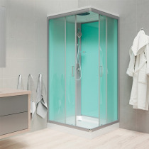 Sprchový box, štvorcový, 90cm, satin ALU, sklo Point, zadne steny zelené,liatá vanička, so strieškou
