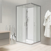 Sprchový box, štvorcový, 90cm, satin ALU, sklo Point, zadne steny biele, SMC vanička, bez striešky