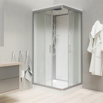 Sprchový box, štvorcový, 90cm, satin ALU, sklo Point, zadne steny biele, liatá vanička, so strieškou