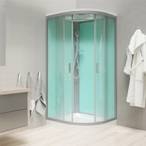 Sprchový box, štvrťkruh, 90cm, satin ALU, sklo Point, zadne steny zelené, liatá vanička,so strieškou