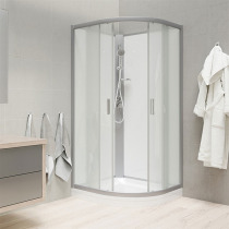 Sprchový box, štvrťkruh, 90cm, satin ALU, sklo Point, zadne steny biele, liatá vanička, bez striešky