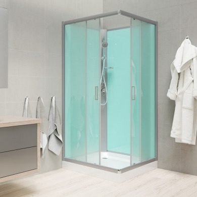 Sprchový box, štvorcový, 90cm, satin ALU, sklo Point, zadne steny zelené, SMC vanička, bez striešky
